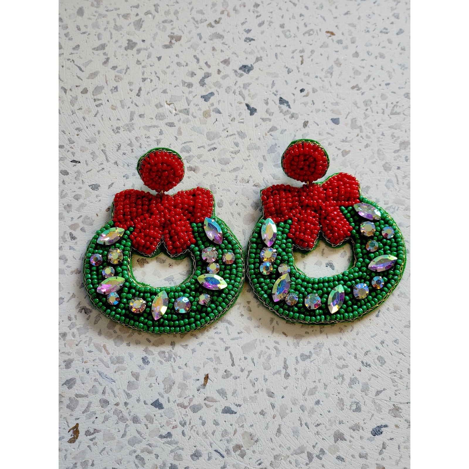 Beaded Wreath Christmas Earrings