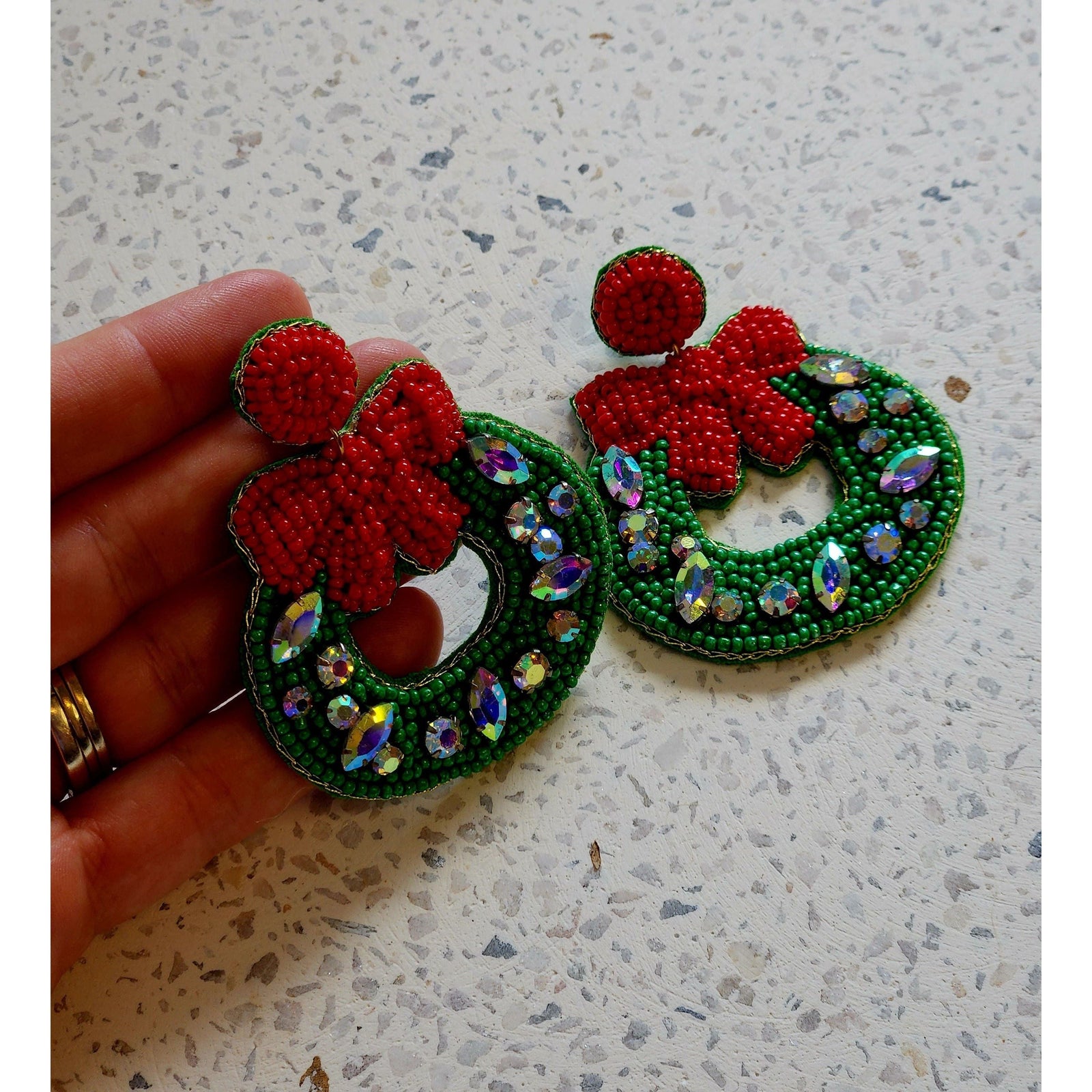 Beaded Wreath Christmas Earrings
