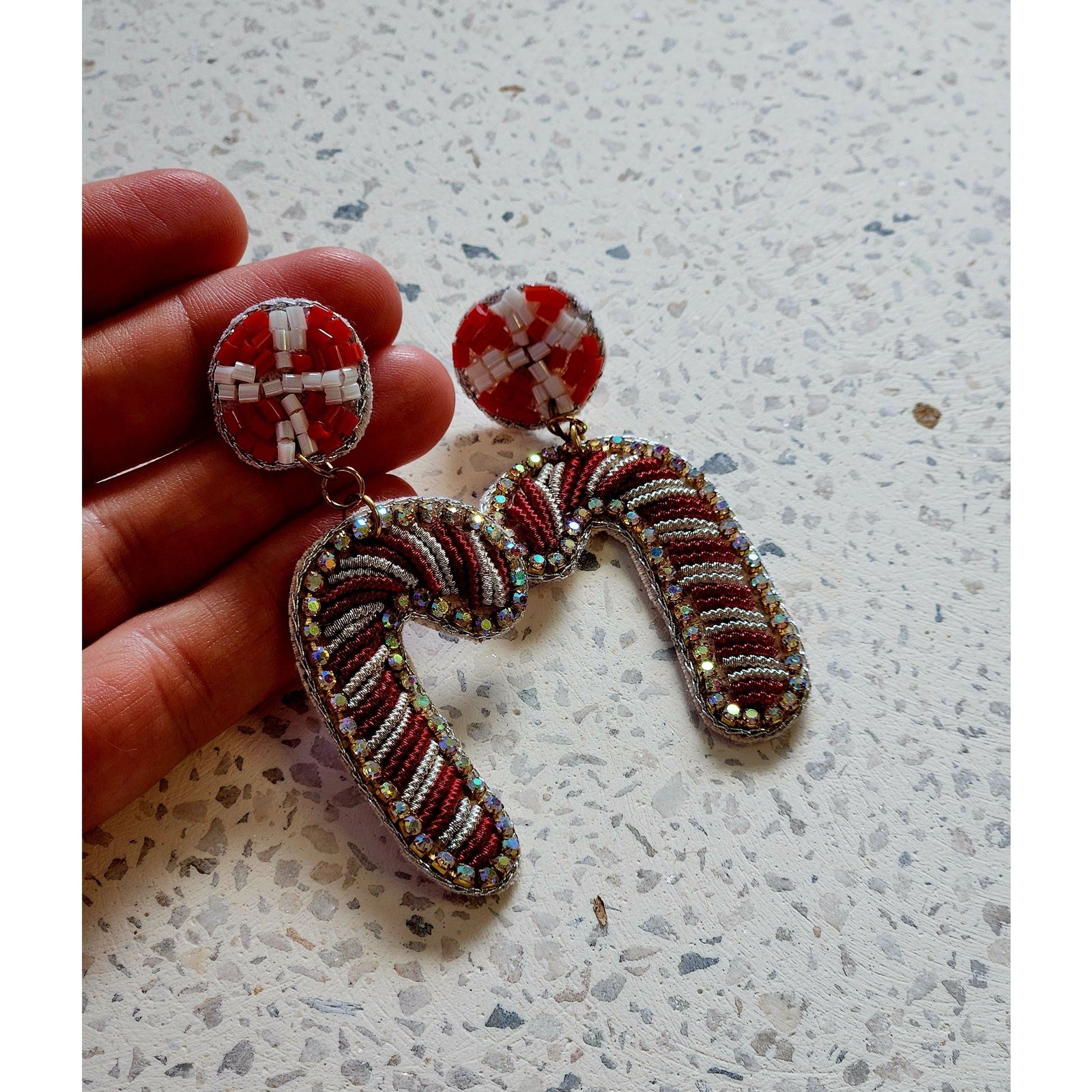 Beaded Candy Cane Christmas Earrings