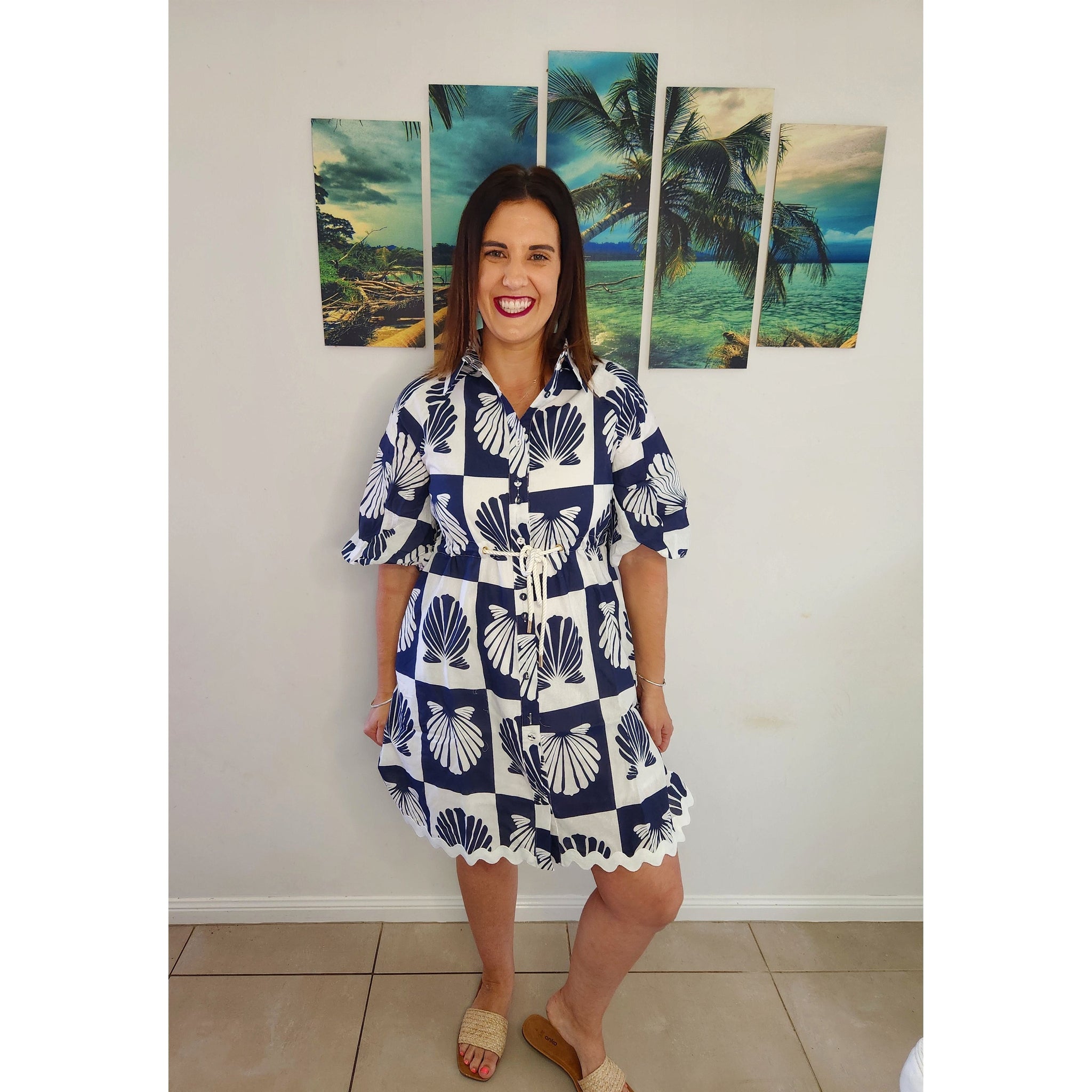 Seashell Tie Waist Dress in Navy and White | A Cristaldi Collection Seashell Tie Waist Dress in Navy and White | A Cristaldi Collection