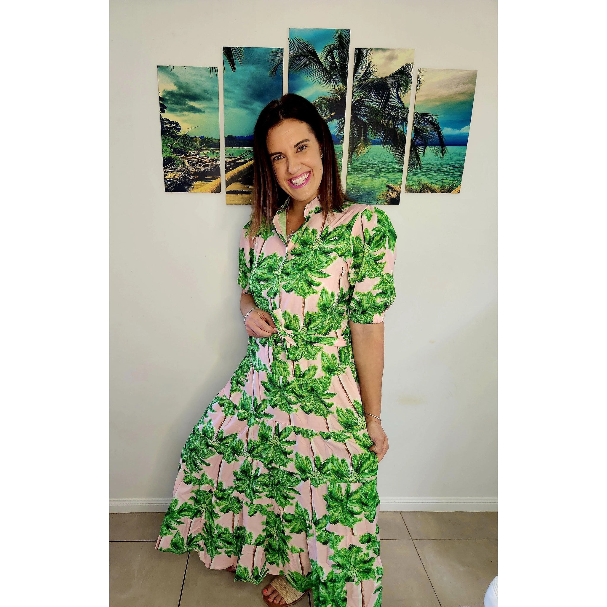 palm tree dress Maxi Tiered Dress - Pink Palm Tree