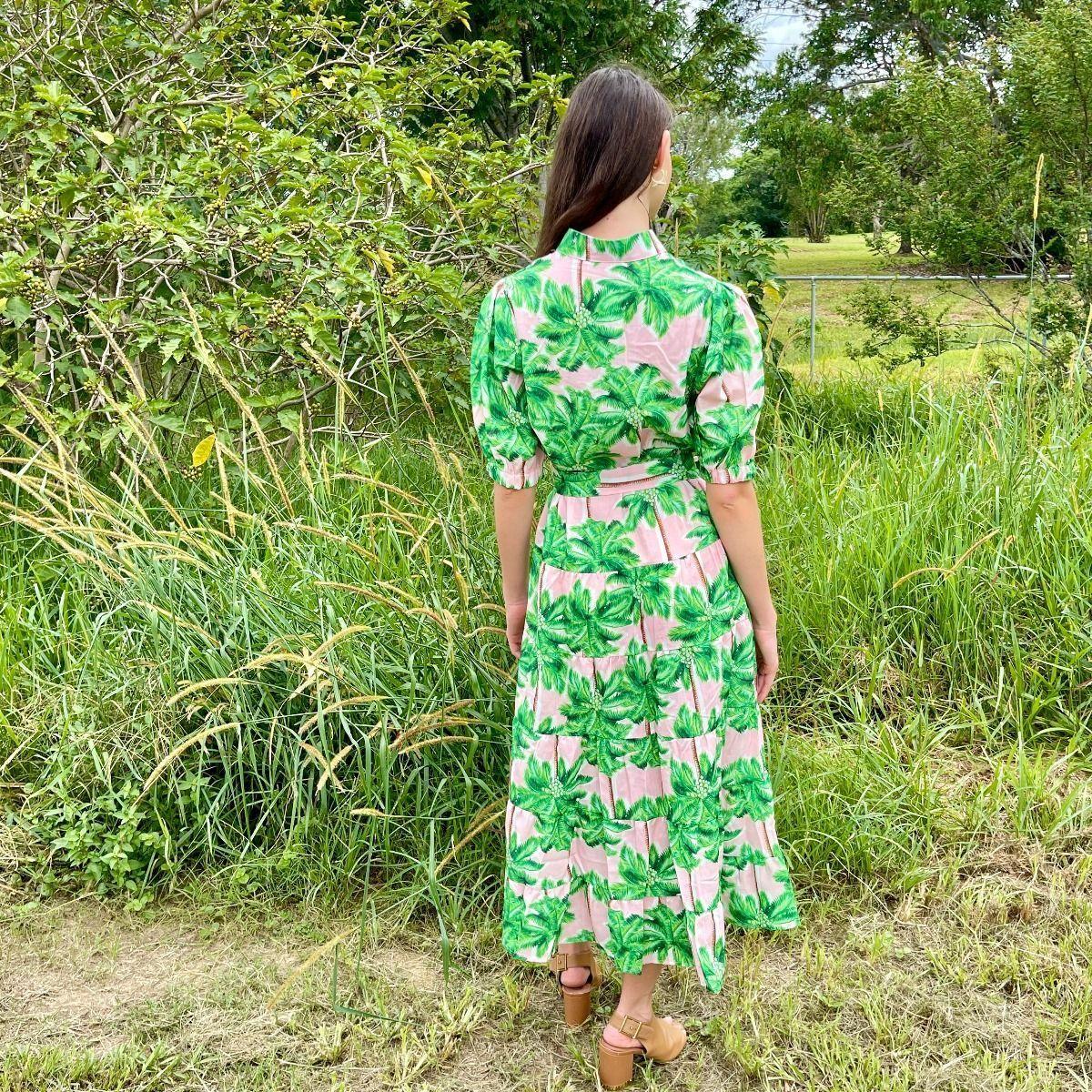 Maxi Tiered Dress - Pink Palm Tree | A Cristaldi Collection Maxi Tiered Dress - Pink Palm Tree | A Cristaldi Collection